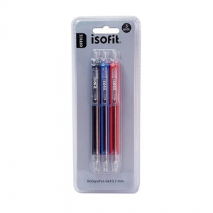 Bolígrafo Gel Isofit 0,7mm Set Azul-Rojo-Negro